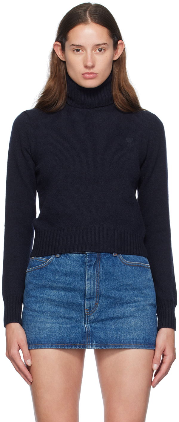 Villapaita AMI Paris Navy Cashmere de Cœur Turtleneck Musta | FKS457.005