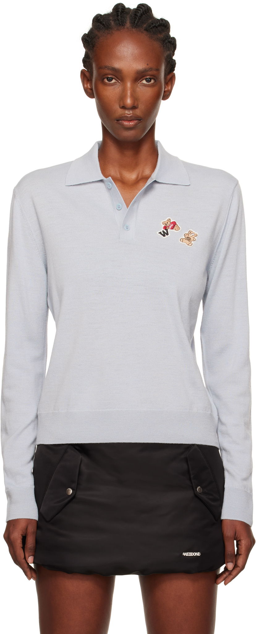 Poolopaita We11done We11done Double Patched Knit Polo Sininen | WD-KT2-25-679-W-GY