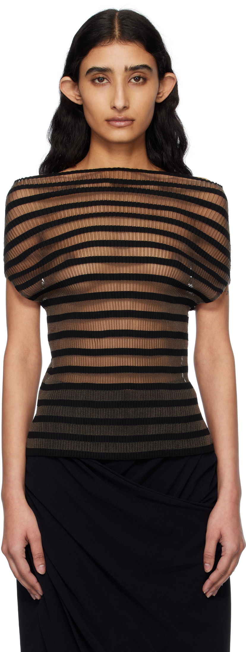 T-paita Jean Paul Gaultier Jean Paul Gaultier 'The Marinière' Striped Sheer Top Musta | 25/34-F-TO273-M088-00