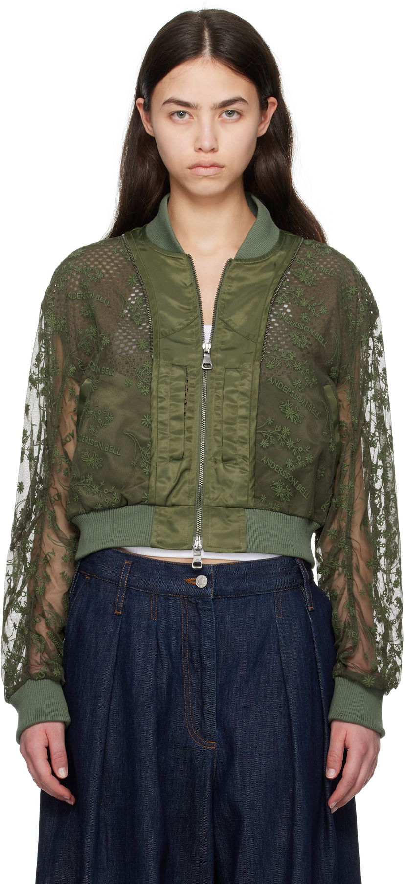 Bomber-takki Andersson Bell Andersson Bell Layered Logo Lace Short Bomber Jacket Vihreä | awa703w