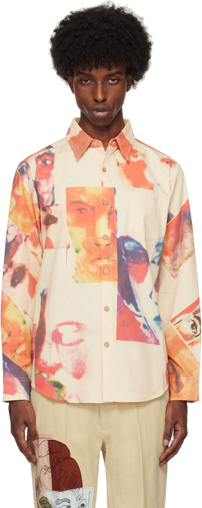 Paita KidSuper Collage Faces Button Up Shirt Beige | AW24-LTP-04