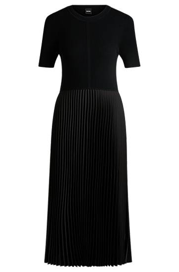 Mekko BOSS Knit Dress with Pleated Skirt Musta | 50535658
