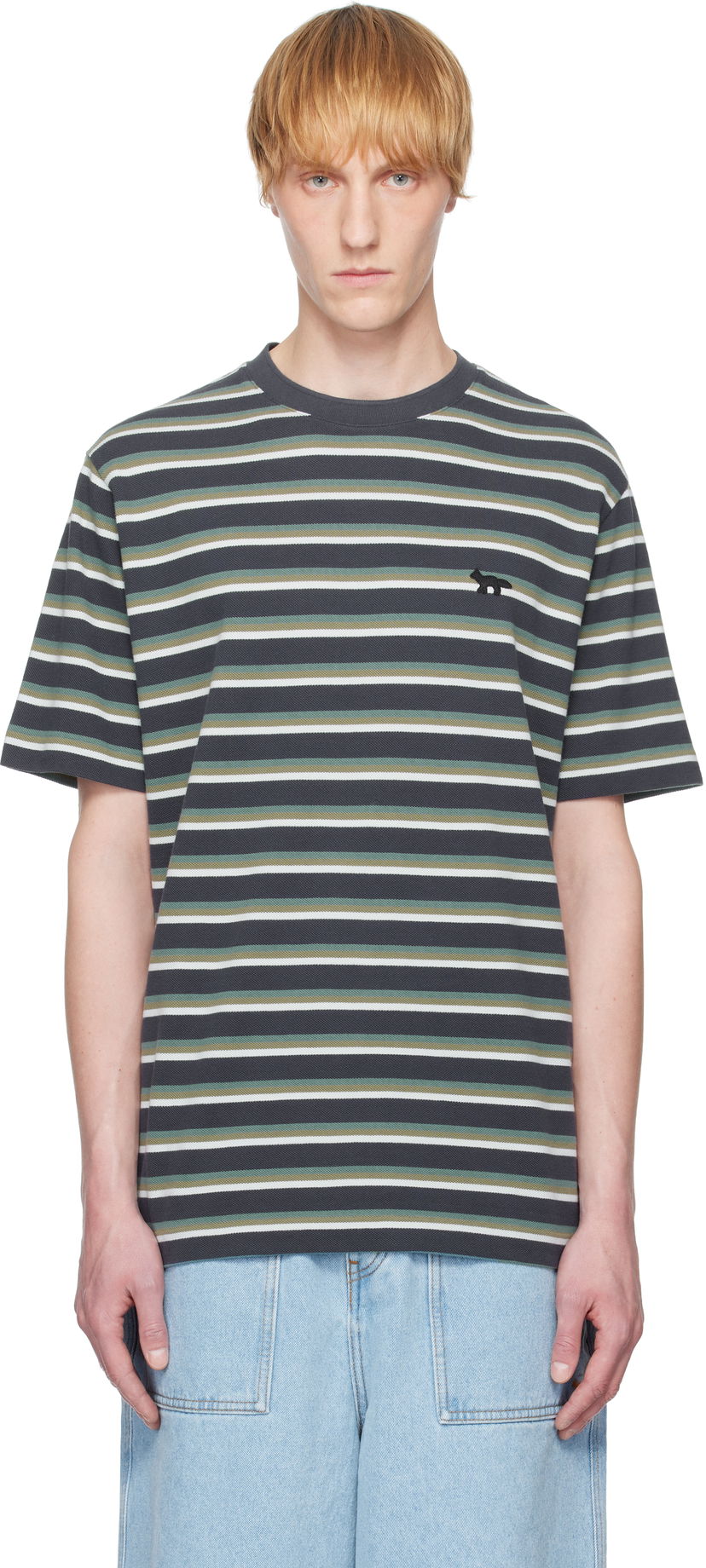 T-paita MAISON KITSUNÉ Kitsuné Profile Fox Patch Striped T-Shirt Harmaa | OM00103KJ7010