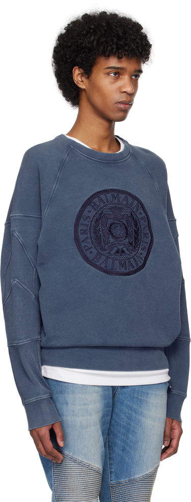 Villapaita Balmain Balmain Ribbed Coin Embroidery Sweatshirt Sininen | EH1JS007BC89, 1