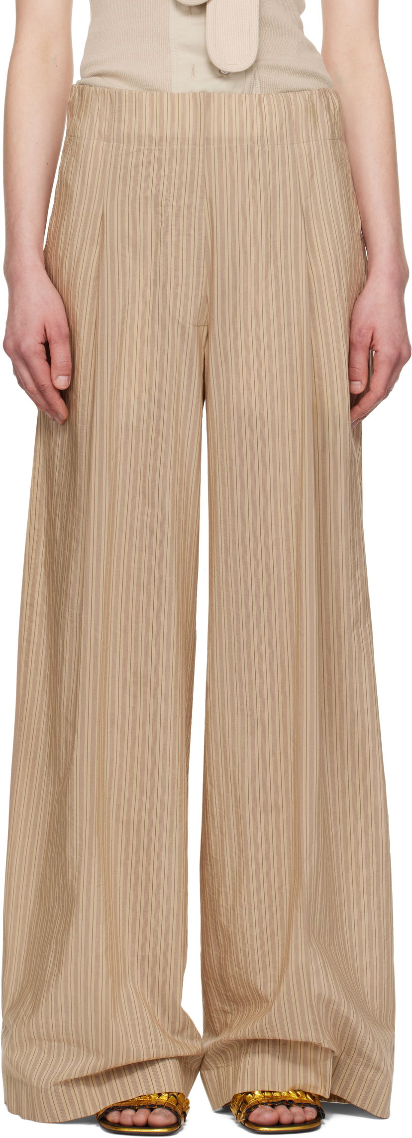 Housut Dries Van Noten Dries Van Noten Striped Wide-Leg Trousers Beige | 251-010909-1524