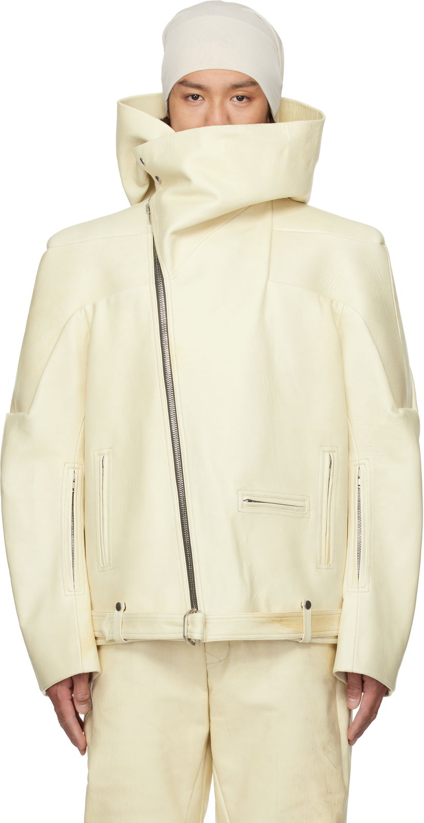 Takki Rick Owens Rick Owens Hollywood Hooded Stooges Leather Jacket Valkoinen | RR01E5704 LBH