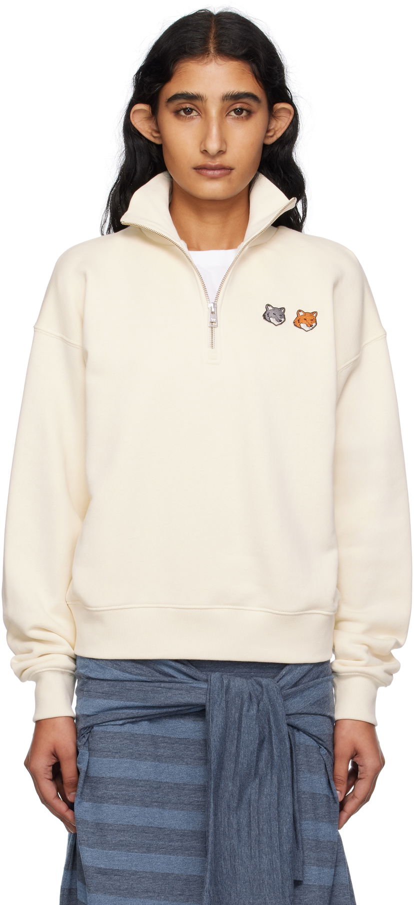 Huppari MAISON KITSUNÉ Maison Kitsuné Double Fox Head Half Zip Sweatshirt Beige | OW211CFKM0321
