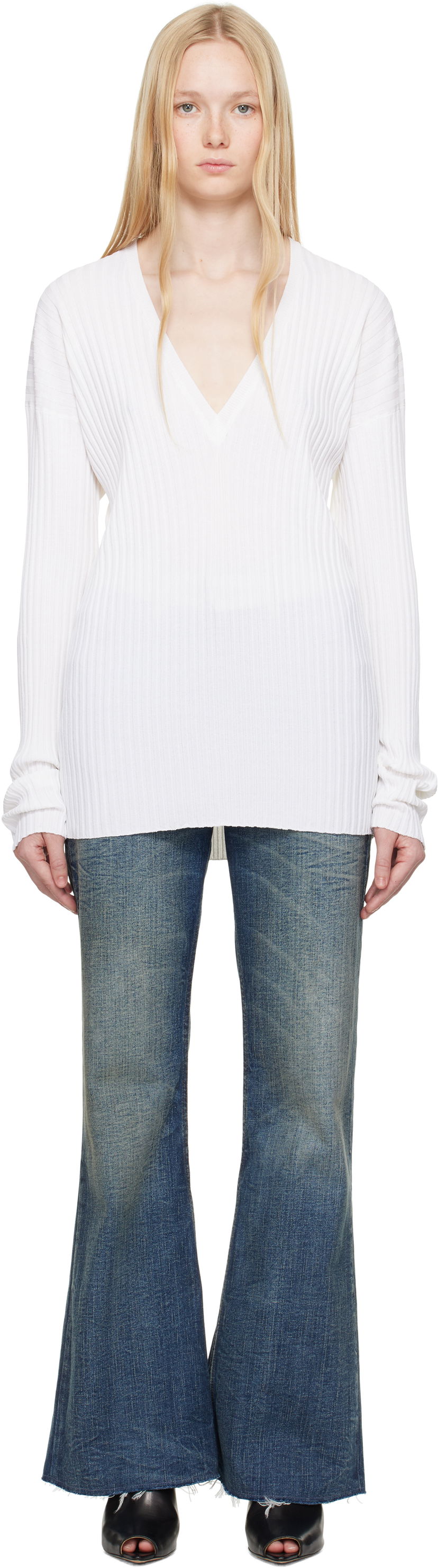 Villapaita Maison Margiela MM6 Maison Margiela Slouchy Ribbed V-Neck Sweater Valkoinen | S62DA0050 M13125