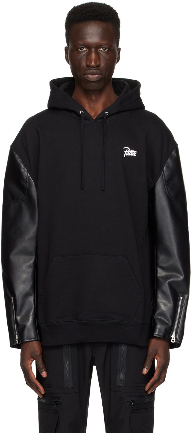 Huppari Junya Watanabe Faux-Leather Sleeve Hoodie Musta | WM-T904-100