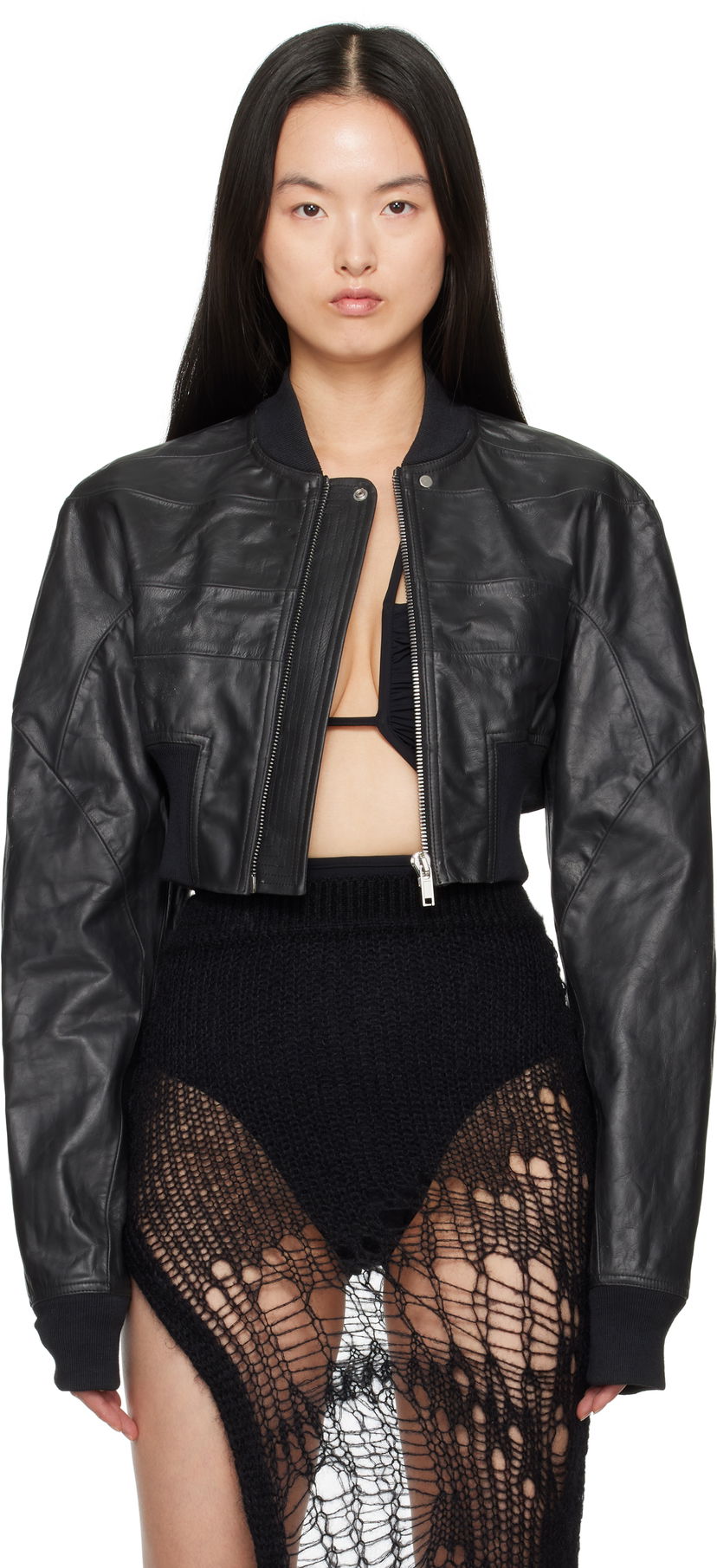 Bomber-takki Rick Owens Rick Owens Hollywood Girdered Cropped Leather Bomber Jacket Musta | RP01E7713 LTP