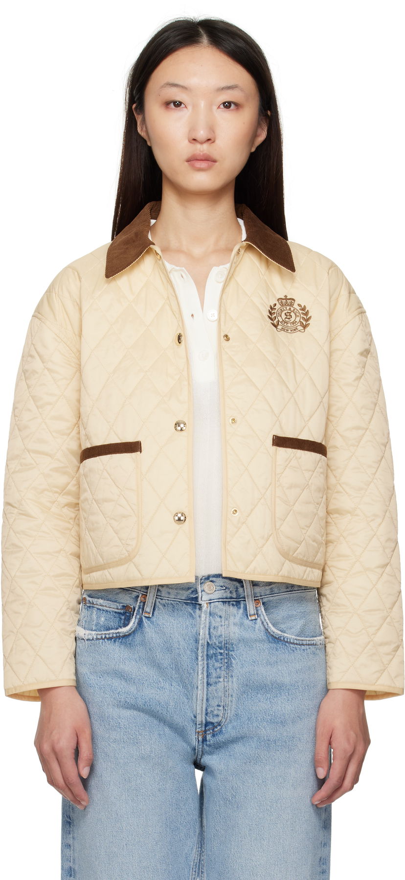 Takki Sporty & Rich Sporty & Rich H&W Crest Cropped Quilted Jacket Beige | OW027620241CR01