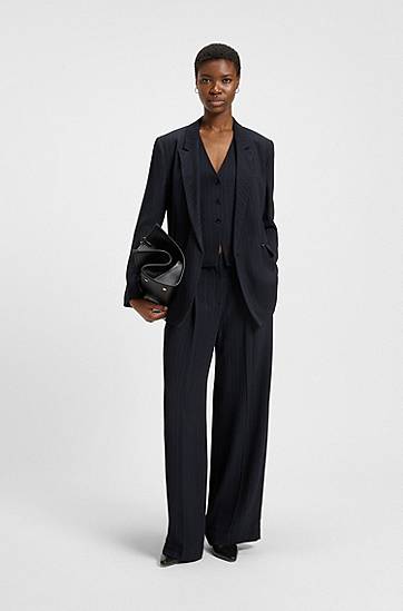 Housut BOSS Pinstripe Wide-Leg Extra Long Trousers Tummansininen | 50548479, 1