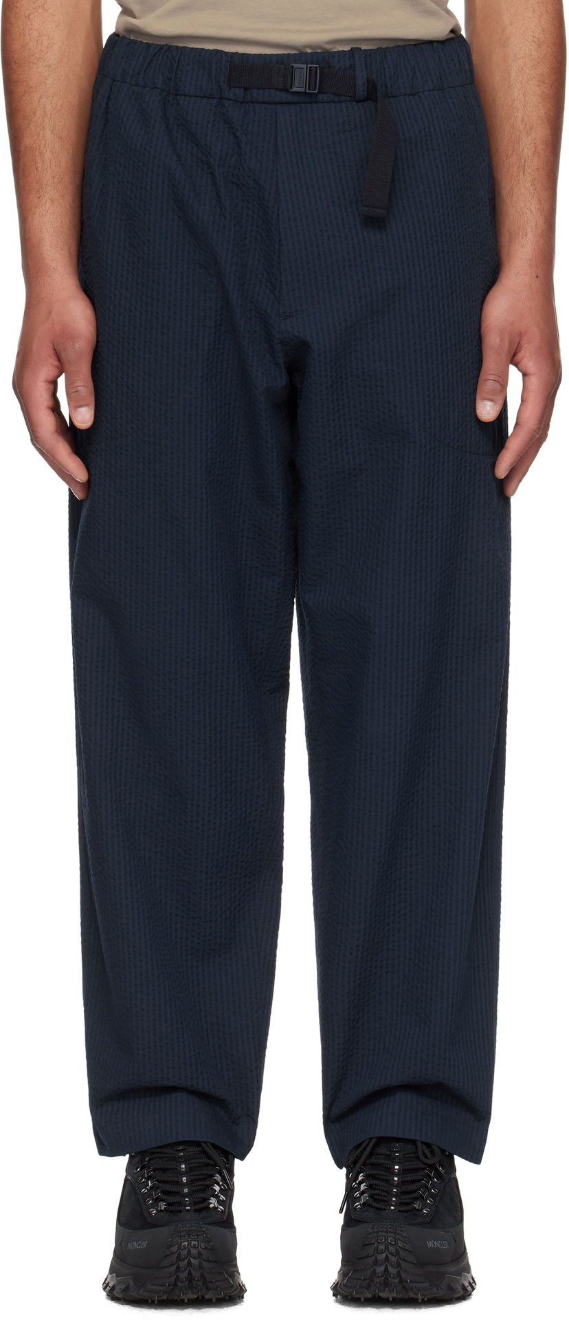 Housut Moncler Moncler Seersucker Belted Trousers Tummansininen | K10912A00038598JC