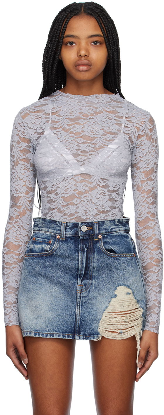 T-paita We11done Lace Mock Neck Top Sininen | WD-BL1-23-129-W-GY