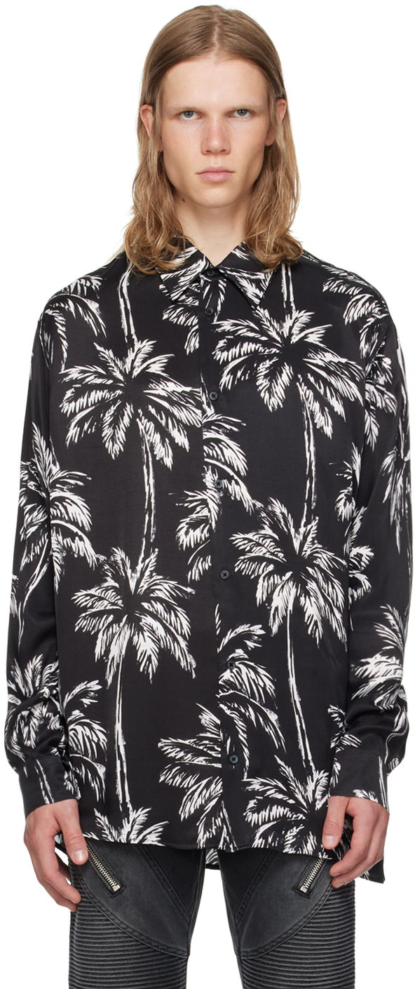 Paita Balmain Palm Tree Print Long Sleeve Shirt Musta | DH1HS184VF43
