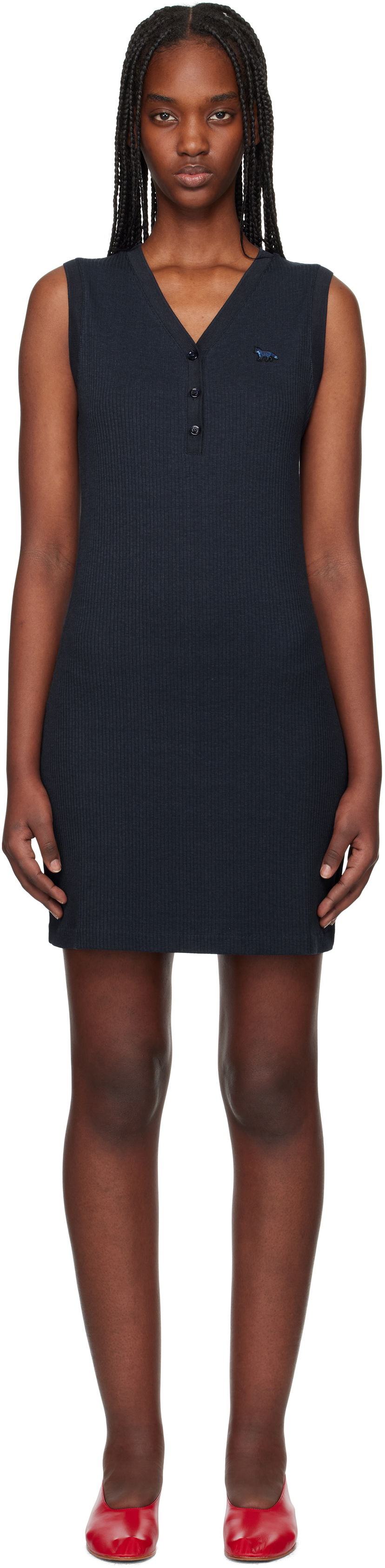Mekko MAISON KITSUNÉ Maison Kitsuné Baby Fox Patch Ribbed Minidress Tummansininen | OW01618KJ0134