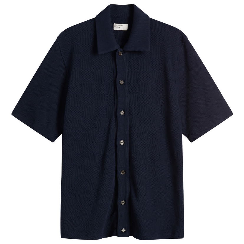 Paita Universal Works Universal Works Checkerboard Button Through Polo Shirt, Large Tummansininen | 32415-BRN