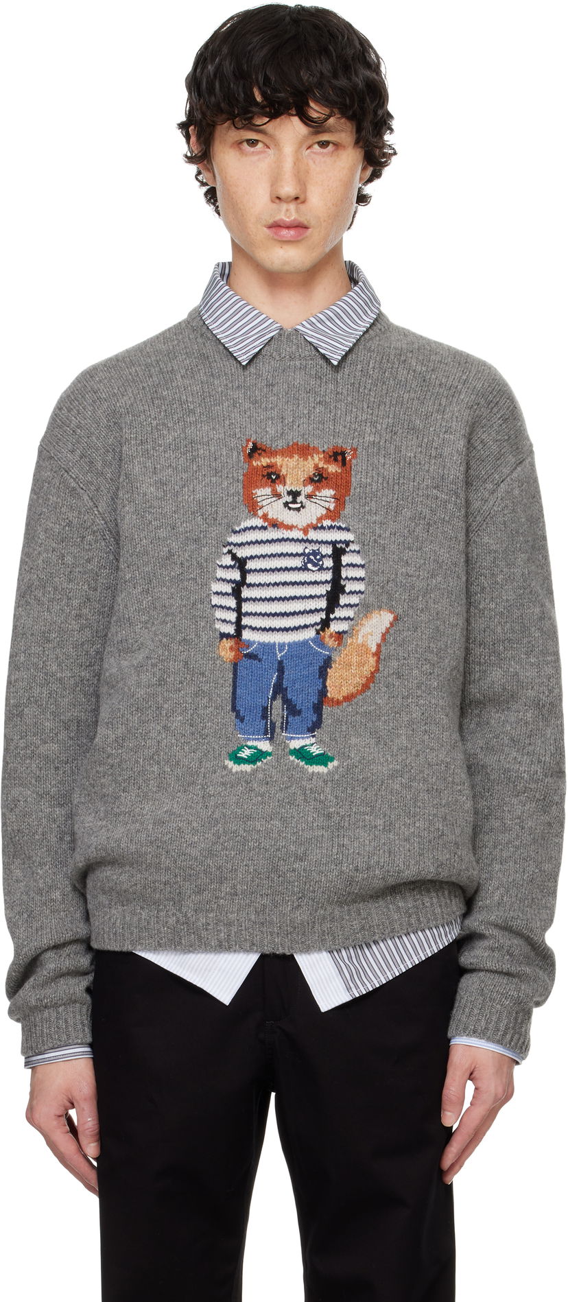 Villapaita MAISON KITSUNÉ Dressed Fox Intarsia Sweater Harmaa | NM00809KH0002