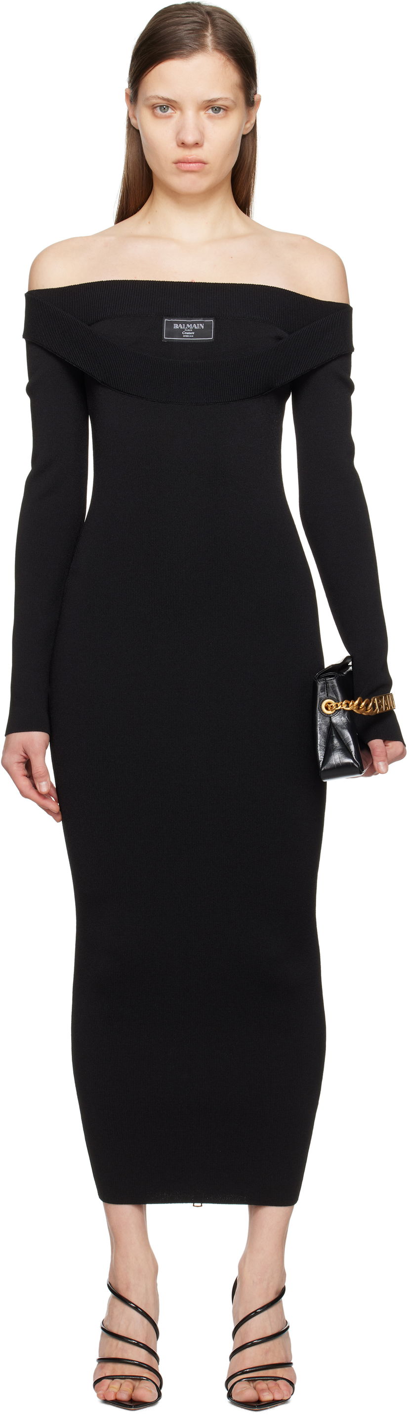 Mekko Balmain Balmain Plain Knit Off-The-Shoulder Maxi Dress Musta | EF1RL109KH82