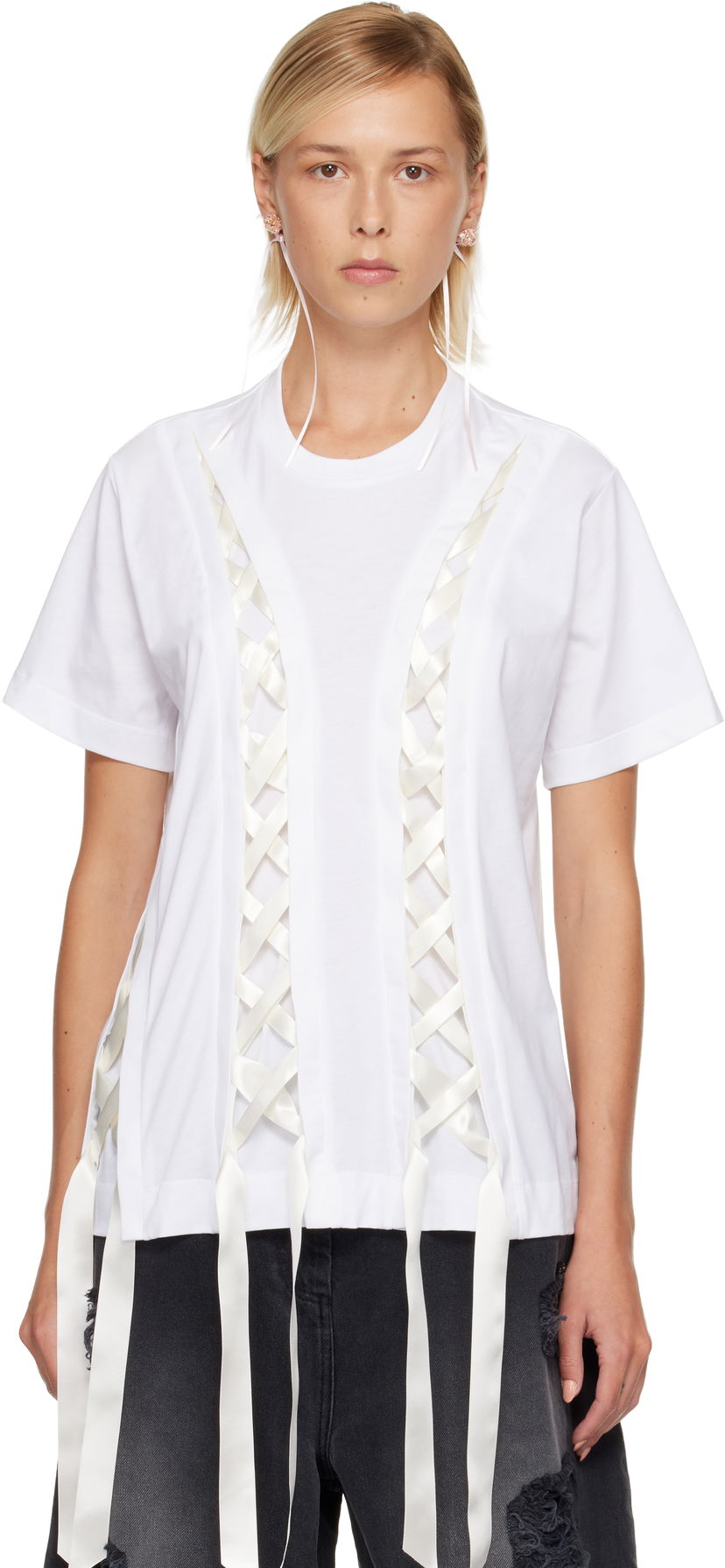 T-paita Simone Rocha Simone Rocha Unraveling Ribbon T-shirt Valkoinen | 5368 0553