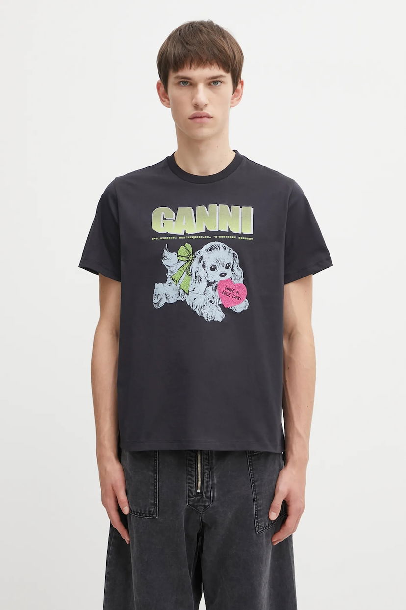 T-paita GANNI Basic Cotton Jersey Neon Puppy T-Shirt Musta | T4333