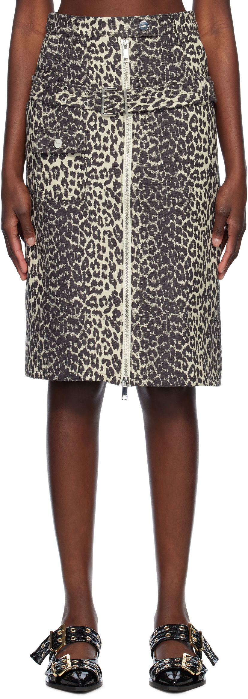 Hame GANNI Ganni Cotton Tweed Midi Skirt with Belt Beige | W0236