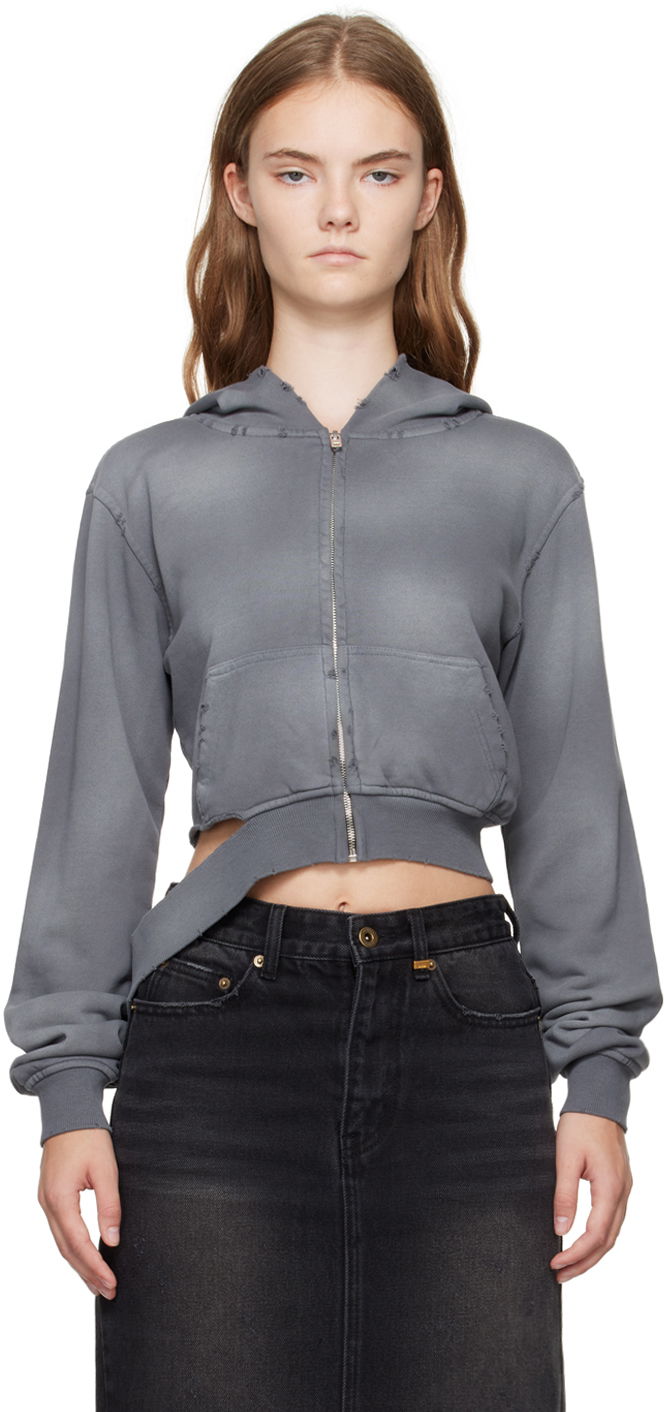 Huppari We11done We11done Distressed Zip-Up Cropped Hoodie Harmaa | WD-TJ2-24-808-W-CH