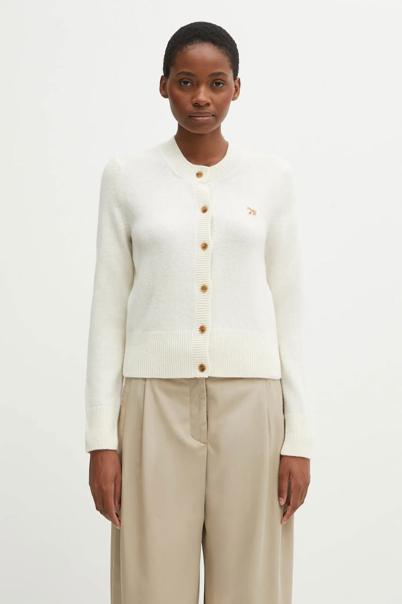 Villapaita MAISON KITSUNÉ Fitted Lambswool Round-Neck Cardigan with Baby Fox Embroidery Valkoinen | PW00506KT1006