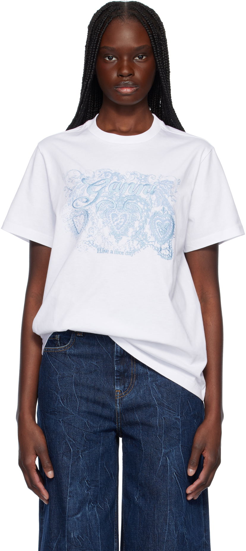 T-paita GANNI GANNI Jersey Tattoo Lace T-Shirt Valkoinen | T4158