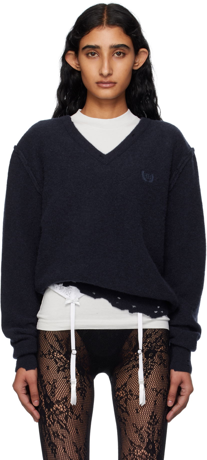Villapaita Balenciaga Balenciaga Laurel Classic Inside-Out V-Neck Sweater Tummansininen | 828163T4149