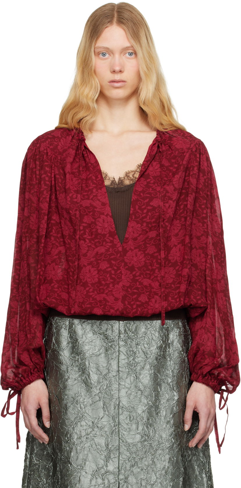 Paita Dries Van Noten Dries Van Noten Floral Print Tie Neck Blouse Punainen | 251-010711-1011
