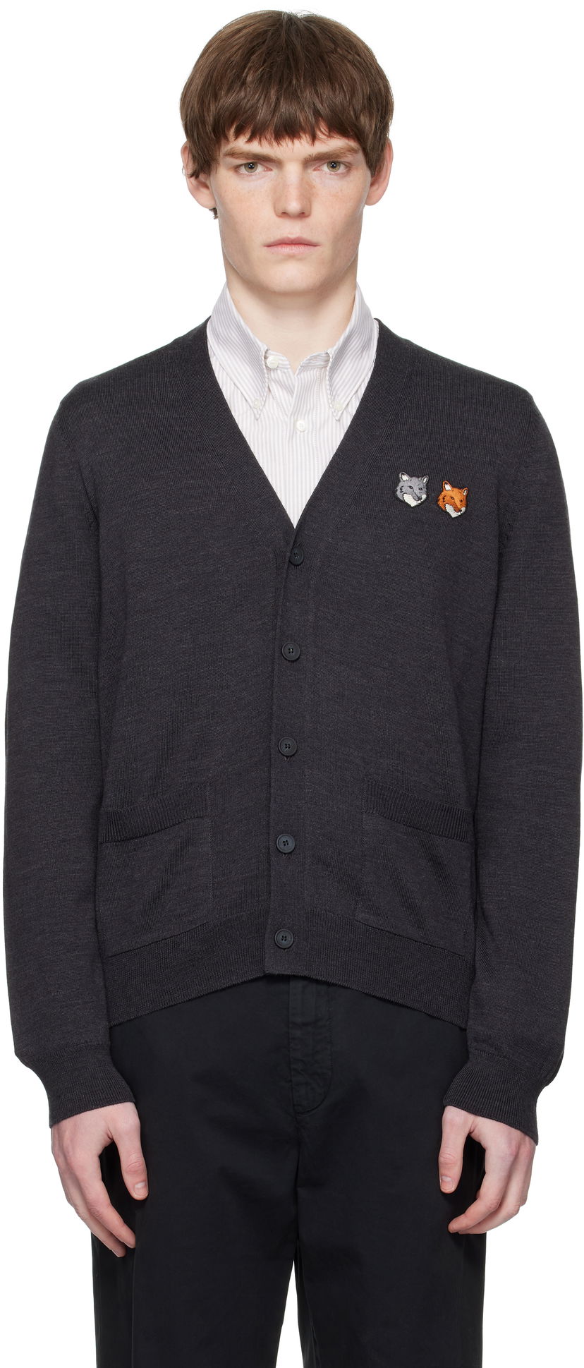 Villapaita MAISON KITSUNÉ Double Bold Fox Head Patch Regular Cardigan Harmaa | OM051CFKT1036