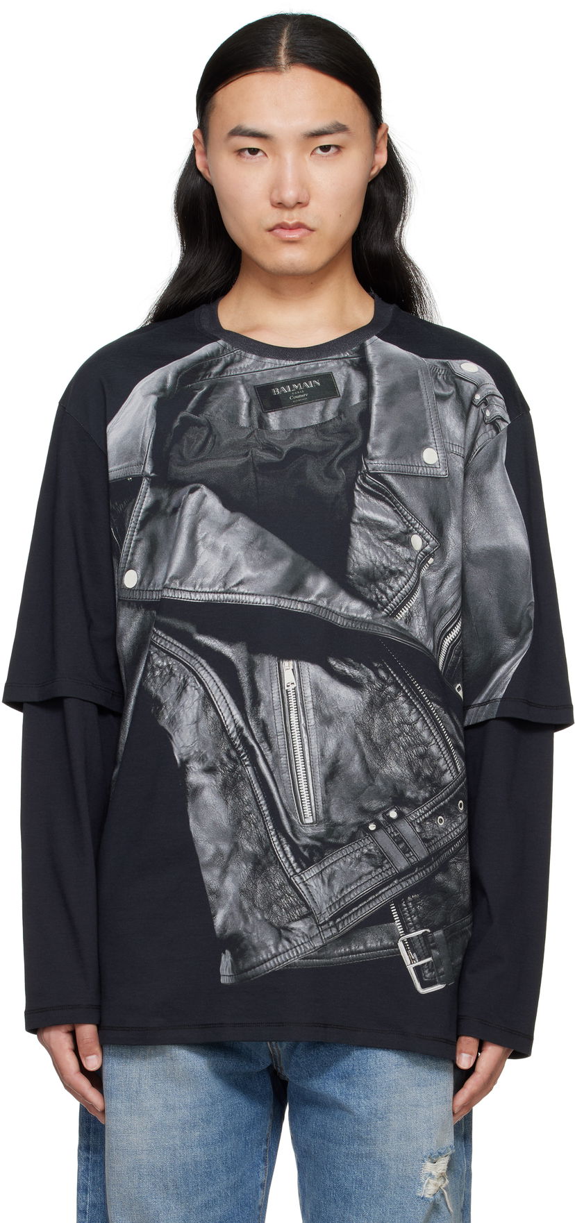 T-paita Balmain Balmain Long Sleeve Biker Jacket Graphic T-Shirt Musta | EH1EM016GE40