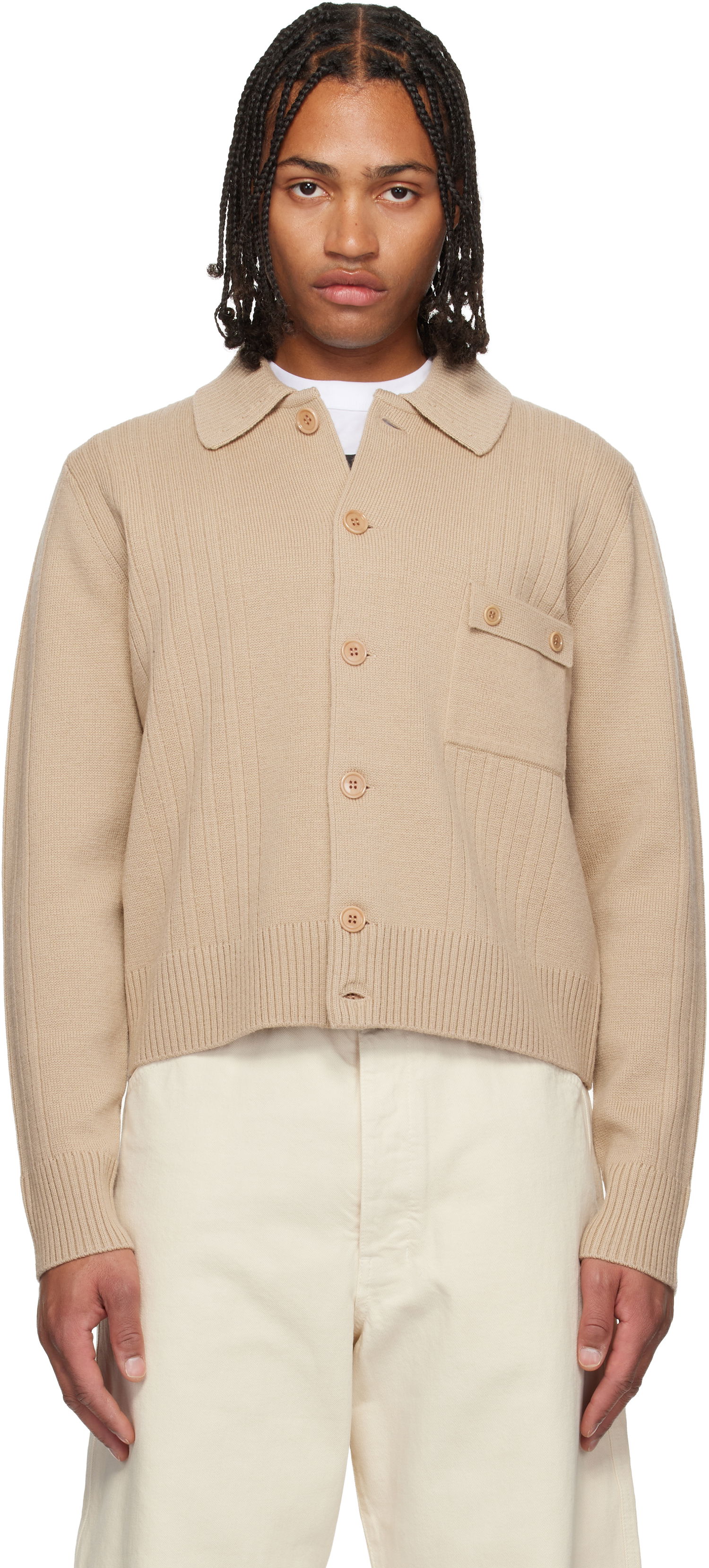 Villapaita Dries Van Noten Collared Rib Knit Wool Cardigan with Patch Pocket Beige | 252-021215-2707, 0