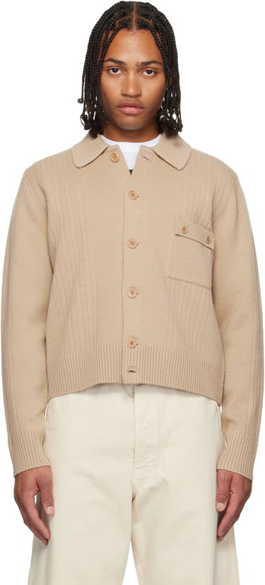 Villapaita Dries Van Noten Collared Rib Knit Wool Cardigan with Patch Pocket Beige | 252-021215-2707, 0