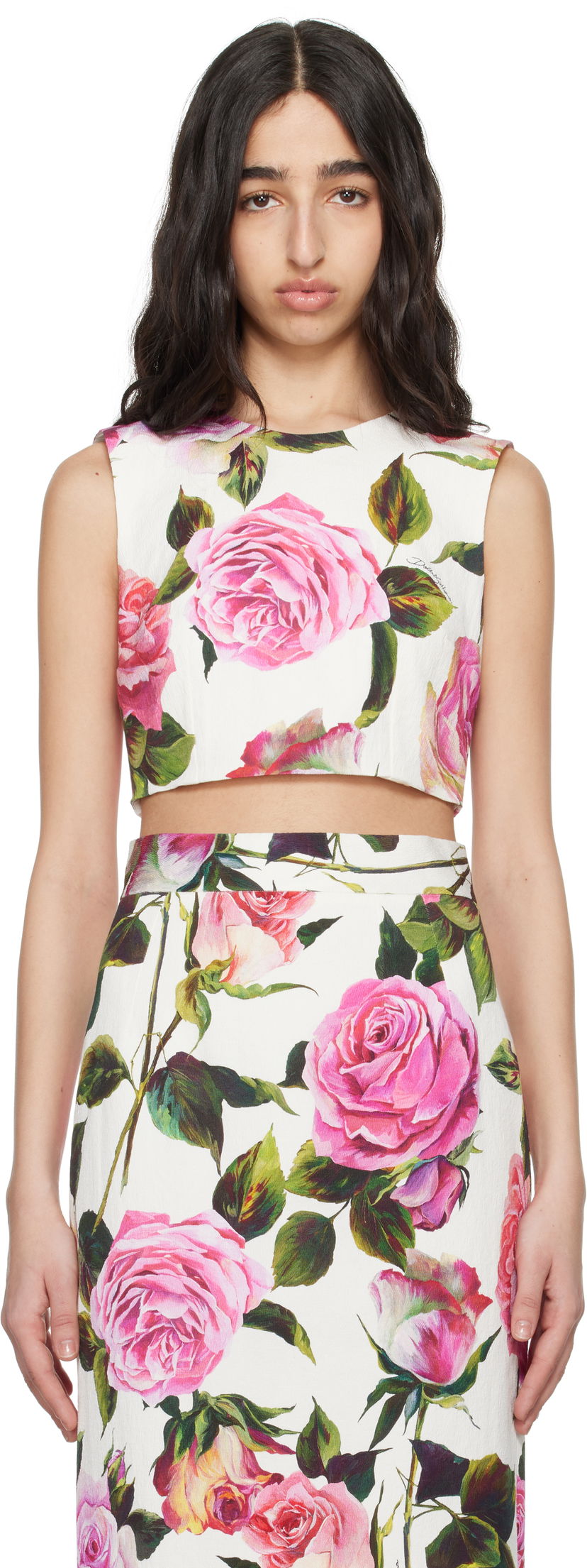 Crop top Dolce & Gabbana Dolce&Gabbana Rose-Print Cotton Jacquard Crop Top Valkoinen | F7AO5T FSRQJ