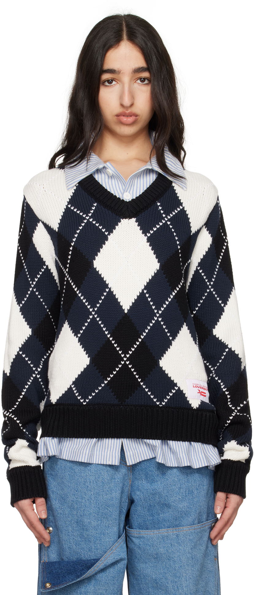 Villapaita Charles Jeffrey Loverboy Charles Jeffrey LOVERBOY Argyle V-Neck Sweater Tummansininen | 54091501