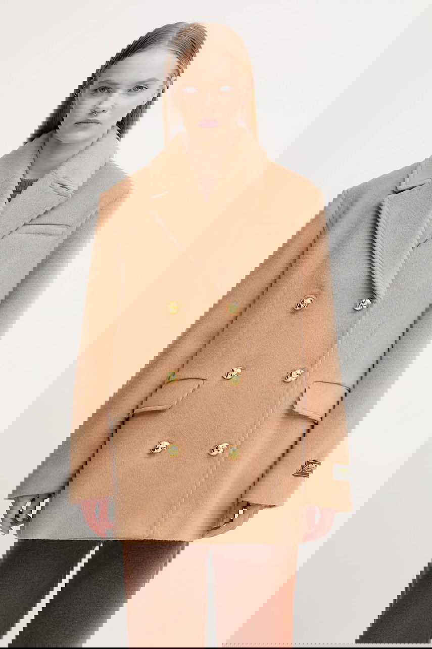 Takit GANNI GANNI Double Faced Wool Double Breasted Blazer Beige | W0876, 0