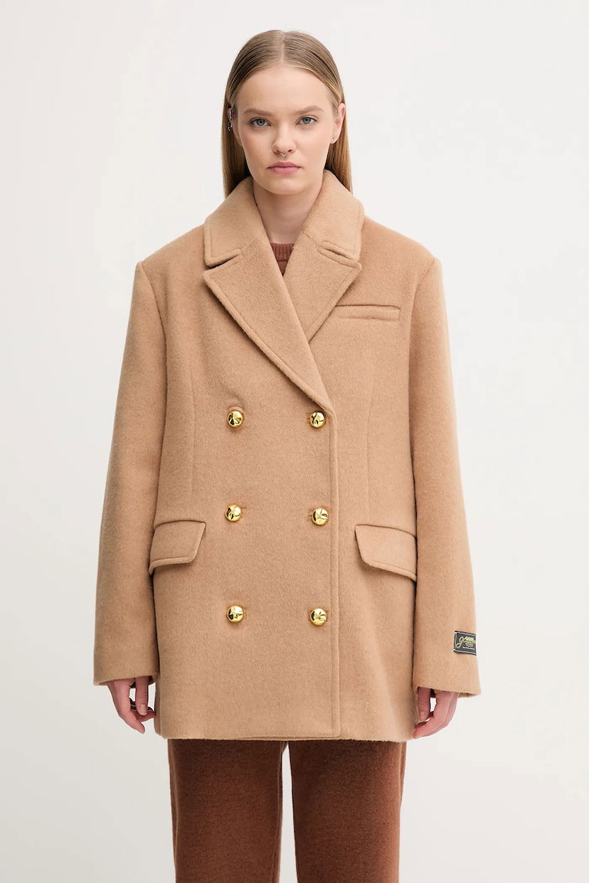 Takit GANNI GANNI Double Faced Wool Double Breasted Blazer Beige | W0876