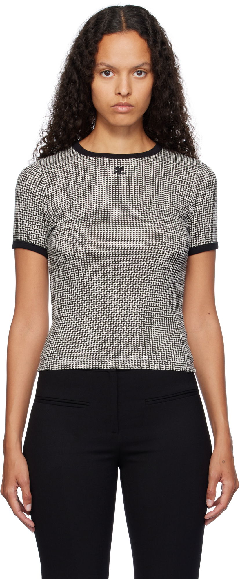 T-paita Courrèges Contrast Houndstooth Slim T-Shirt Musta | 324JTS017JS0167