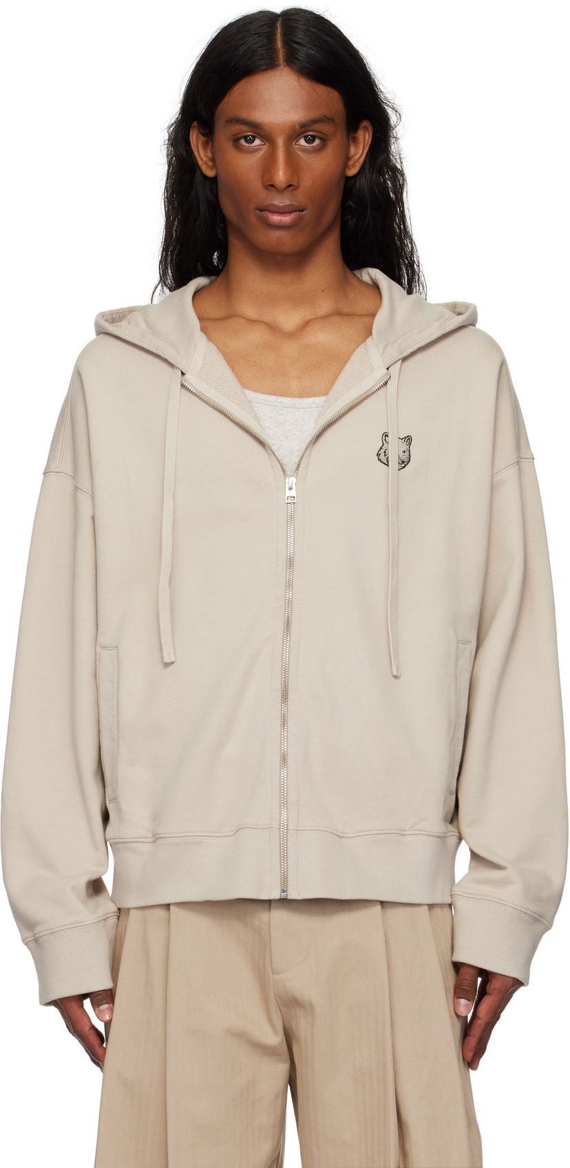 Huppari MAISON KITSUNÉ Maison Kitsuné Bold Fox Head Patch Oversize Fullzip Hoodie Beige | OM02138KM0001