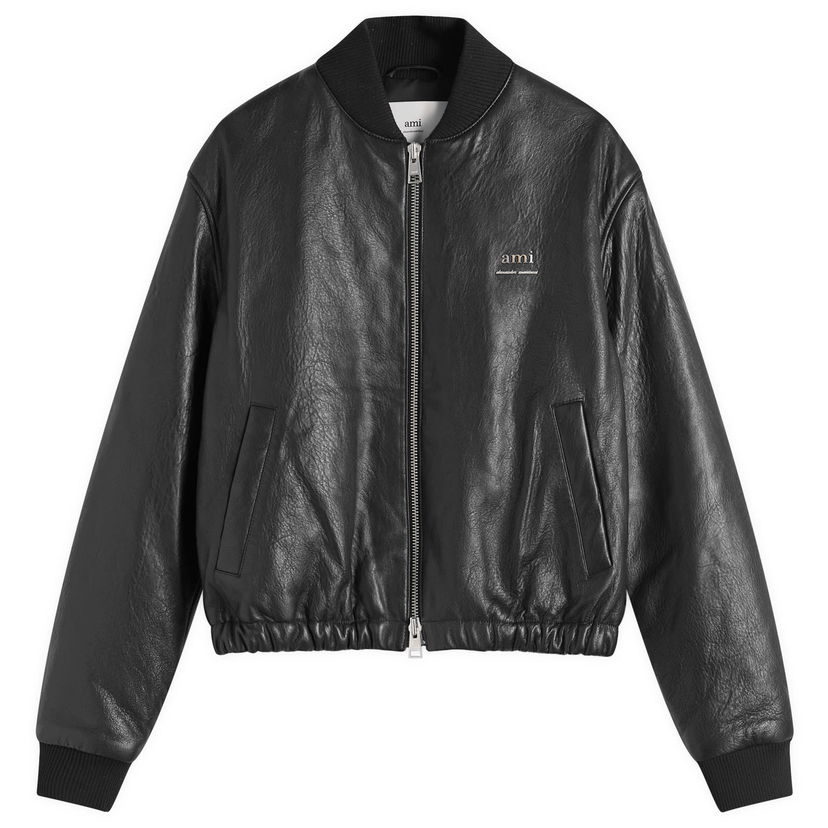 Bomber-takki AMI Padded Leather Bomber Jacket Musta | HJK131-LH0044-001