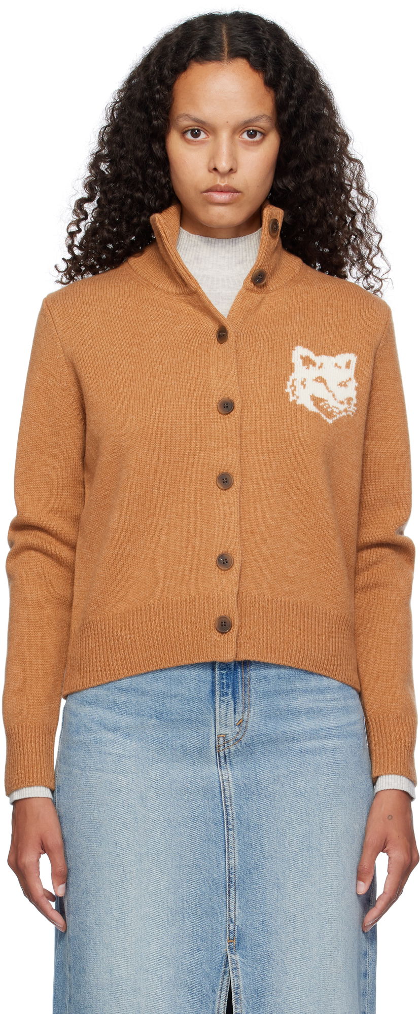 Villapaita MAISON KITSUNÉ Fox Head Intarsia High Neck Cardigan Oranssi | NW00509KM0329