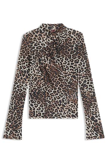 Paita BOSS Leopard Print Rollneck Top with Gathered Detail Ruskea | 50546248