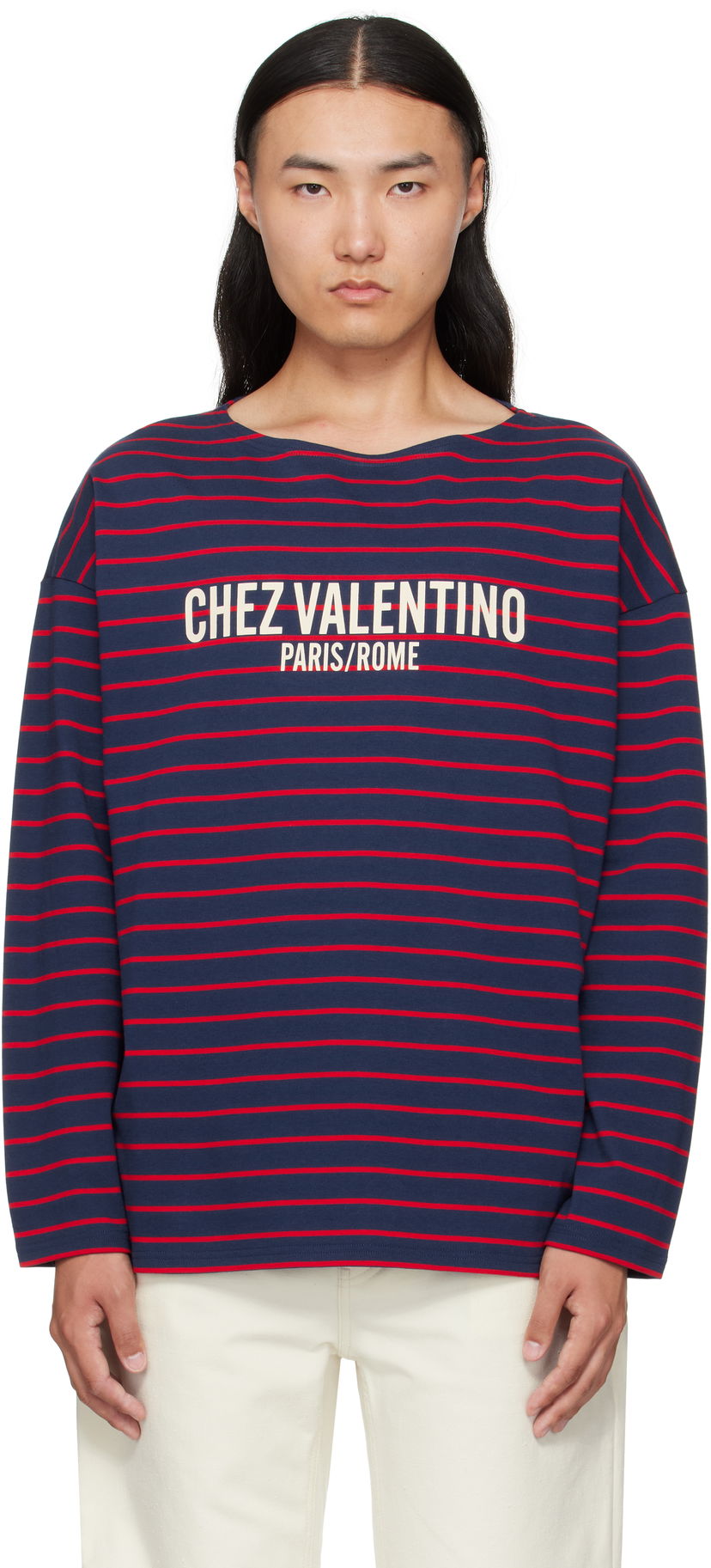 T-paita Valentino Valentino 'Chez Valentino' Print Long Sleeve T-Shirt Tummansininen | 7V3MG16RAYJ