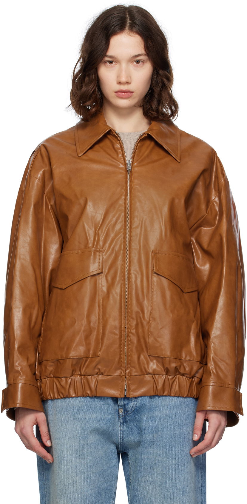 Bomber-takki Maison Margiela MM6 Maison Margiela Oversized Faux-Leather Bomber Jacket Ruskea | S52AM0325 M35465