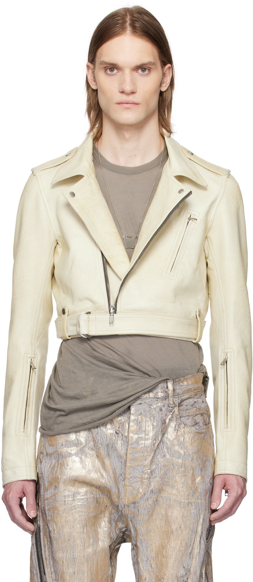 Takki Rick Owens Rick Owens Hollywood Cropped Stooges Leather Jacket Valkoinen | RR01E5707 LBH