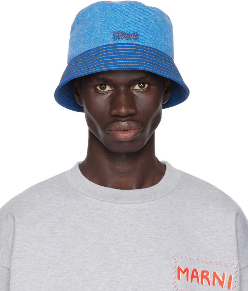 Hattu Marni Logo Patch Denim Bucket Hat Sininen | CLMC0055QX USCY03