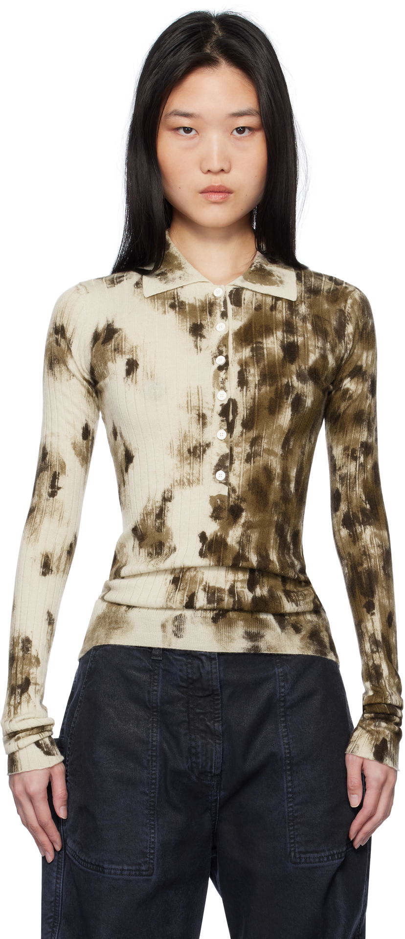 Poolopaita The Attico The Attico Animal Print Long Sleeve Polo Beige | 250WCK00112 KWS006PR