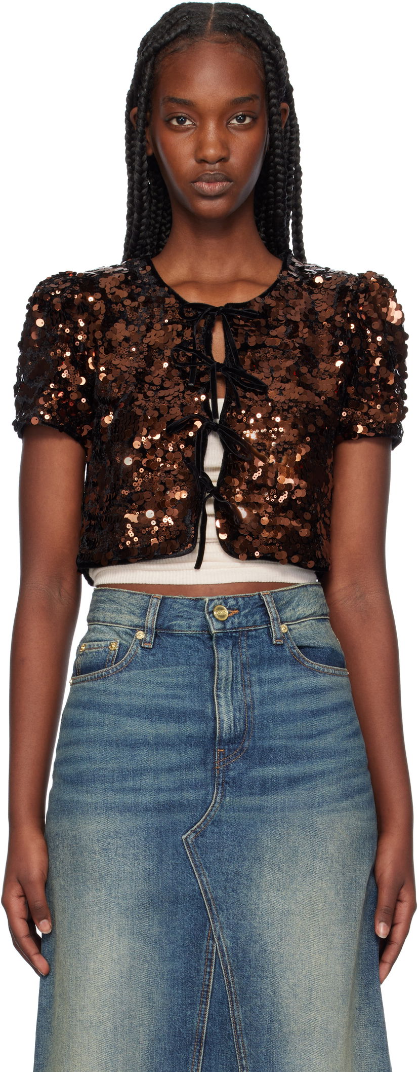 Crop top GANNI Sequin Velvet Tie-Front Blouse Ruskea | T3984